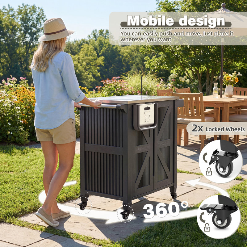Outdoor Bar Cart With Stainless Steel Countertop, Cabinet With Storage, Foldable Trash Bin & Towel Rack For Kitchen Pre And Grill
