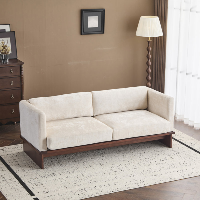 77 po Canapé rembourré carré à 3 places avec accoudoirs et base en bois massif, Beige