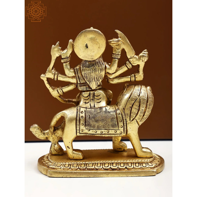 4" Small Brass Goddess Durga Maa Statue – Handcrafted Ashtabhuja Form on Lion for Protective Home Altar Décor