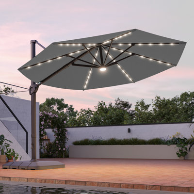 Luxury Shade: 11FT LED Cantilever Umbrella with Solution-Dyed Fabric, Aluminum Frame, and 360° Rotation