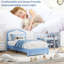 Lit plateforme simple tapissier avec lumières DEL et tiroir de rangement, lattes de bois, bleu blanc-763093221-763093018