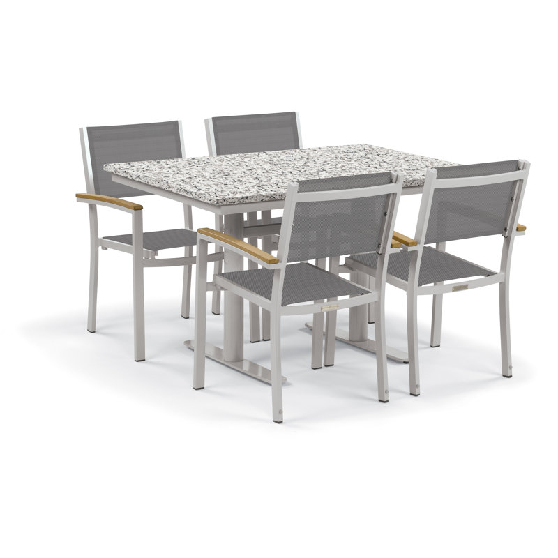 Travira Stacking Patio Arm Chair, Titanium Basketweave, Tekwood Natural, Flint