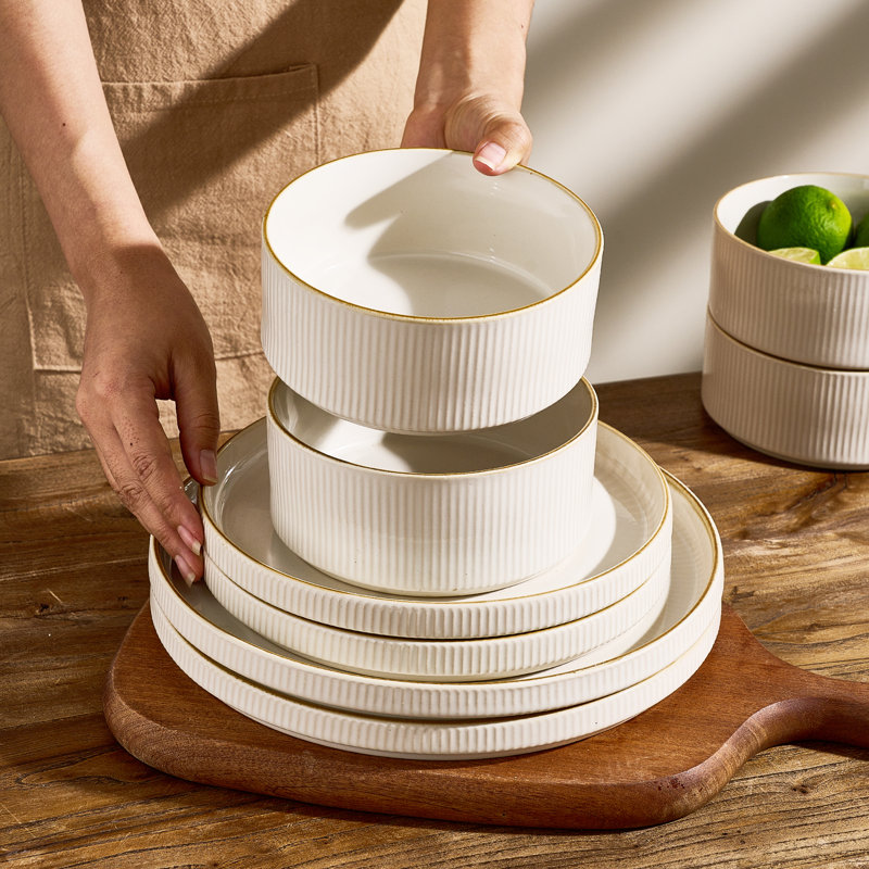 Hokku Designs Stoneware Dinnerware Sets, 24 Piece Dish Set, Cream