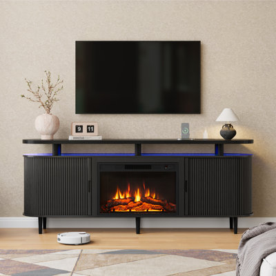 70" Fluted TV Stand with 23" Electric Fireplace, Sliding Tambour Doors, RGB LED Lights and Storage for TVs up to 80"