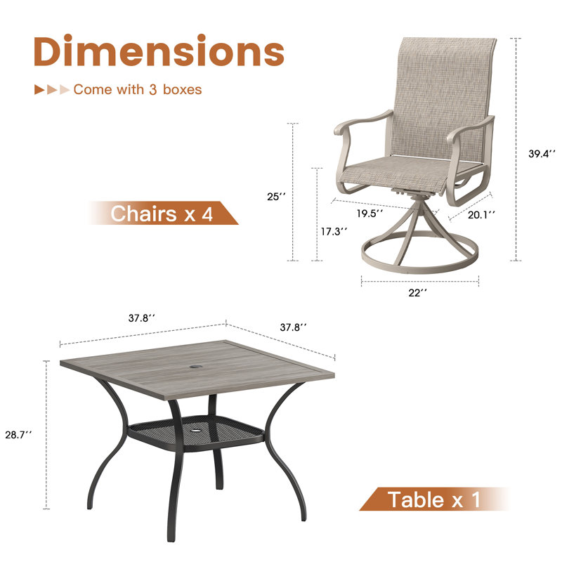 4-Person Patio Dining Set with Square Dining Table with Umbrella Hole and PVC-coated polyester Swivel Chairs