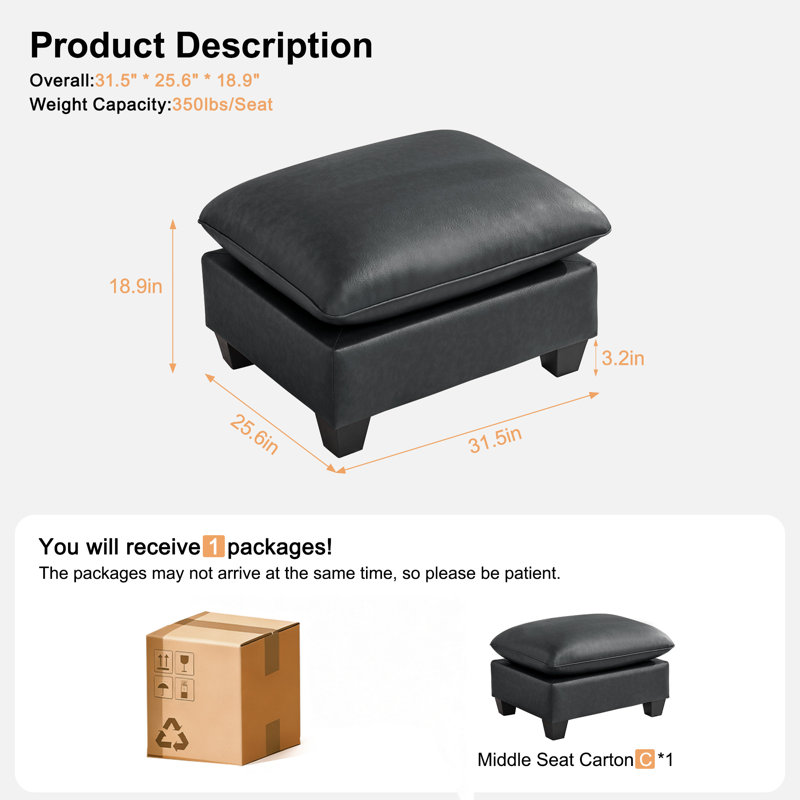 31.5" Wide Faux Leather Rectangle Ottoman For Modular Sectional Sofa, Black