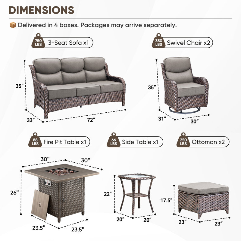Wickes 7-Piece Outdoor Conversation Set With Fire Pit Table, 3-Seat Sofa & Swivel Gliders, 6" Thick Cushions, All-Weather PE Wicker