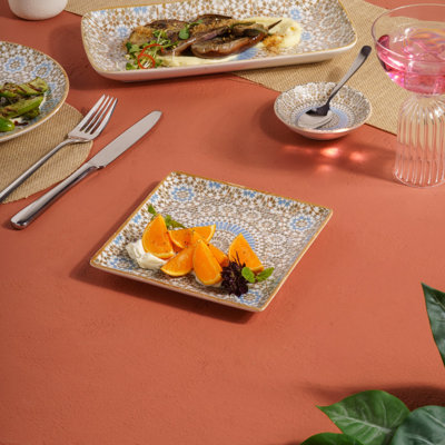 Cruise-Tangier Premium Porcelain Juliet Square Platter With Foot, 10.6x10.6" | Microwave & Dishwasher Safe