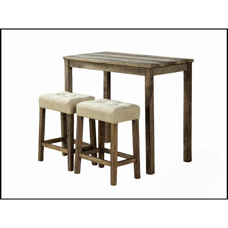 Ensemble de salle à manger 3 pièces brun transitionnel avec table en bois d'hévéa et tabourets capitonnés beiges pour espaces compacts