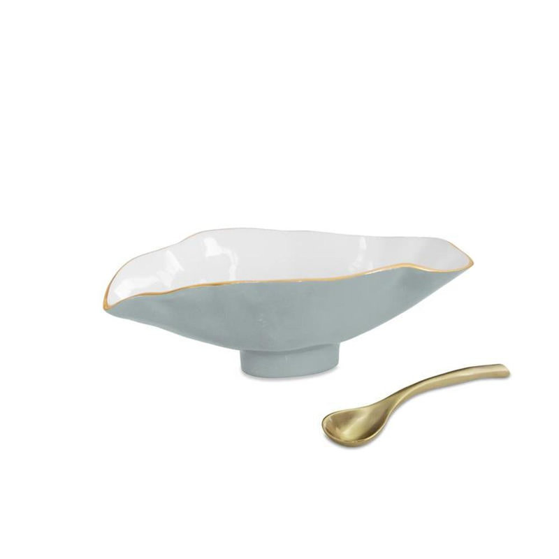 Encanto Claire Small Oval Bowl With Spoon, White/Leaf Green