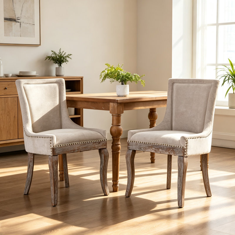 Ensemble de 6 chaises de salle à manger en lin rembourrées, 6, Vert, Doré