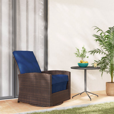 Outdoor Wicker Swivel Recliner Chair, Reclining Backrest, Lifting Footrest, 360° Rotating Basic, Water Resistant Cushions For Patio, Dark Blue