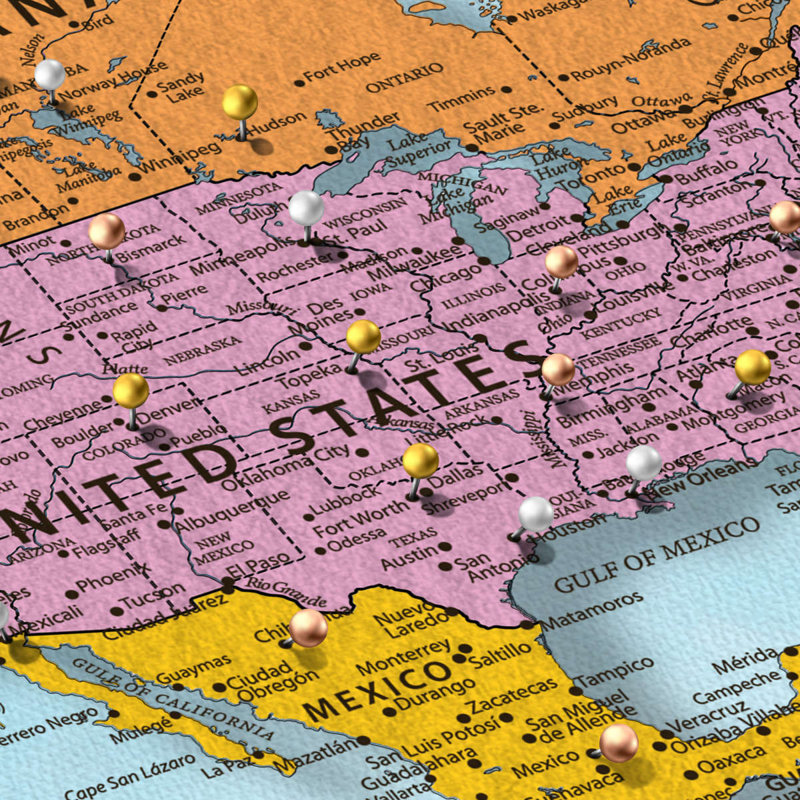 My World, punaise, voyage, Amrico II, H 24 po x l 36 po