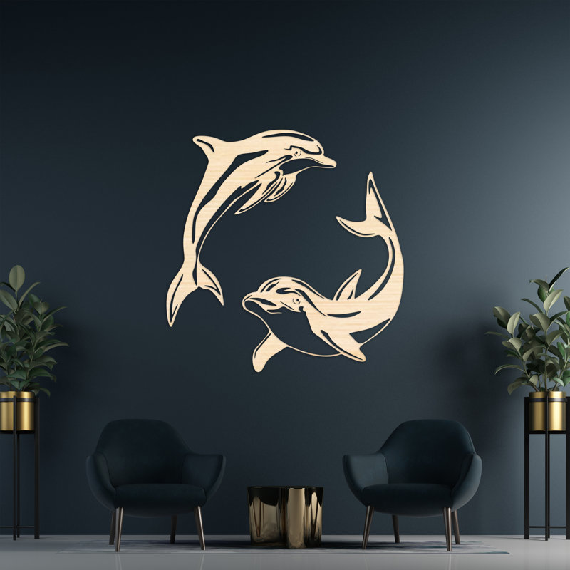 Décoration murale deux dauphins nageant - bouleau baltique naturel, H 46 po x l 46 po x P 0,25 po