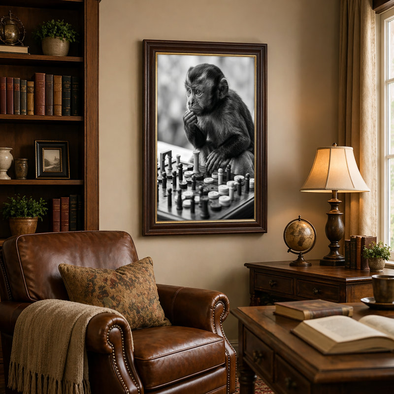 Art mural antique sur toile encadré doré pour le salon, la chambre à coucher, le bureau ou le vestibule - décoration murale décorative avec jeu d'échecs de singe