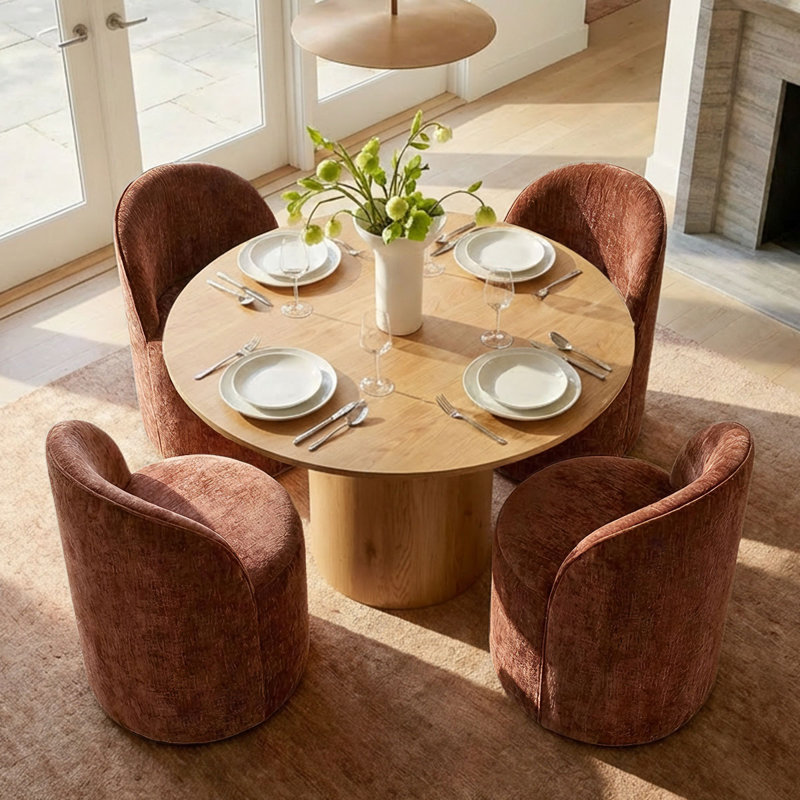 4 - Person Dining Table Sets With Round Table & 4 Upholstered Fabric Chairs, Rust, Natural