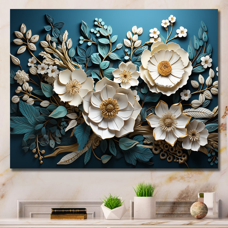 Orchidée blanche et bleue, arbre IV - Art floral abstrait, Toile tendue, H 30 po x l 40 po x P 1,5 po