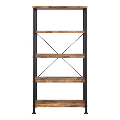 Bibliothèque à 4 tablettes avec finition rustique, métal thermolaqué noir, tablettes en bois d'ingénierie, ouvert pour la décoration, design industriel durable et calibre lourd facile à entretenir