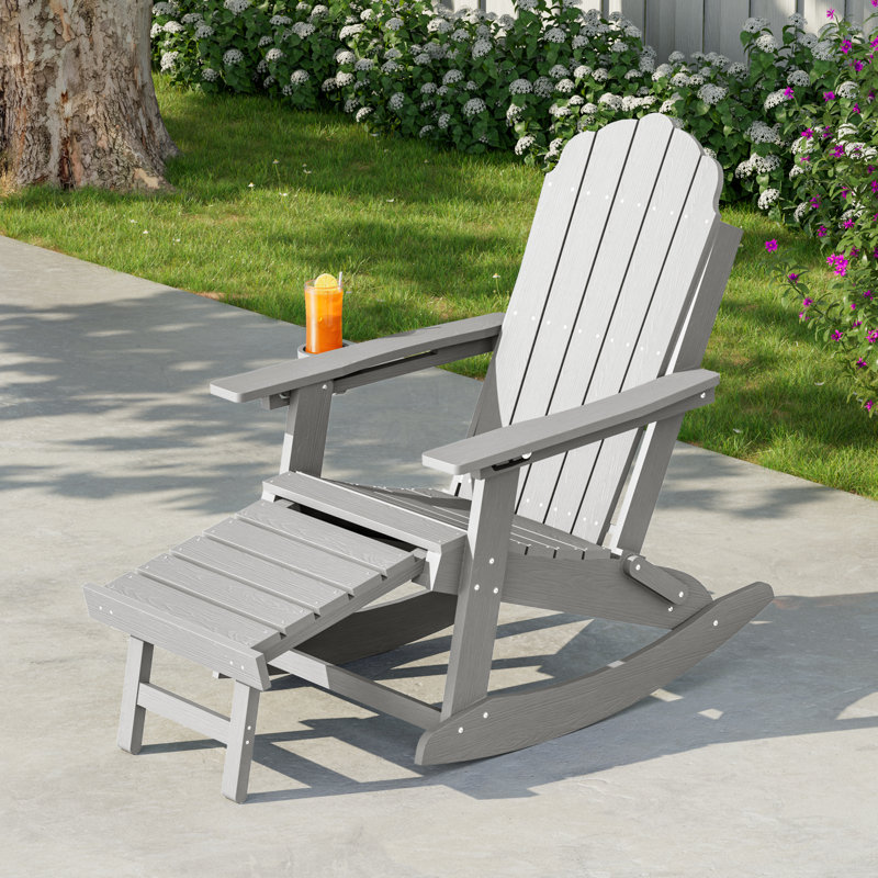 All-Weather HDPE Folding Adirondack Rocking Chair with Retractable Ottoman, 3-Position Adjustable Outdoor Rocking Chair for Patio, Gargen, Deck