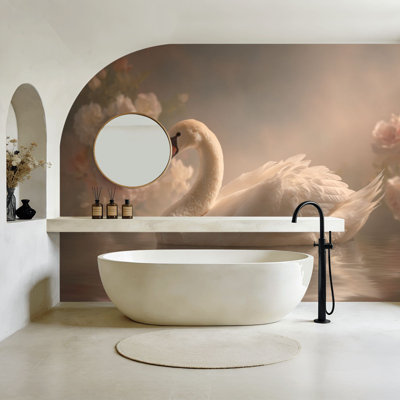 Pink Peel and Stick Wallpaper Romantic Swan Scene Misty Glow Feathers Wall Murals 100"H x 144"W Removable PVC Wall Paper Self-Adhesive Wall Decor for Bedroom Living Room Home Office