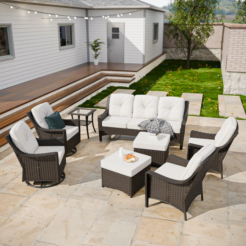 8-Piece Outdoor PE Brown Wicker Rattan Wide Armrest Swivel Glider Conversation Set Sofa Seating Group Patio with Olefin Thick Cushions
