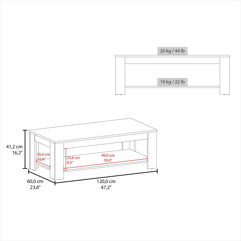 Table basse moderne avec rangement ouvert, bois d'ingénierie noir profond, rectangulaire, 47,2 de large pour le salon