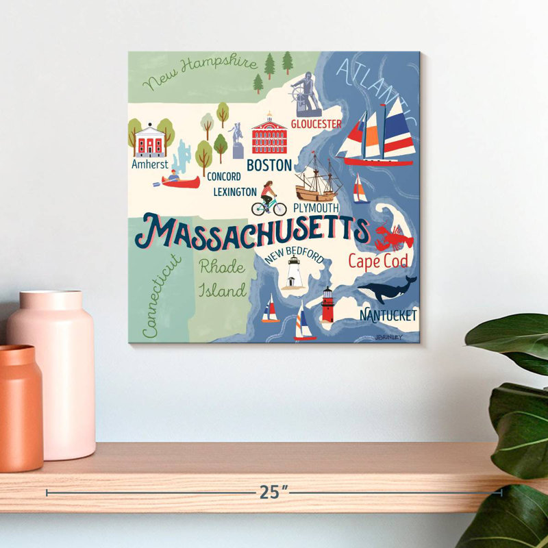 Cartes de l'État d'Aliaz - Attraits du Massachusetts, H 16 po x l 16 po