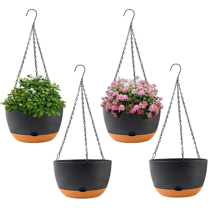 Modern 8 Inch Hanging Pots (4-Pack) - Sleek Round Hanging Planters For Houseplants, Succulents & Flowers - Weather-Resistant Indoor/Outdoor Hanging Baskets (Black)