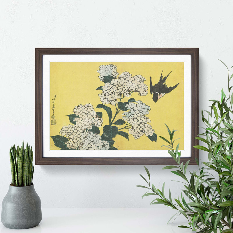 Hydrangeas and Swallow by Katsushika Hokusai - Framed Print, Walnut Framed, 48cm H x 65cm W x 2cm D