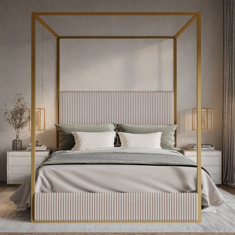 Upholstered Metal Canopy Bed, Queen, Beige/Gold