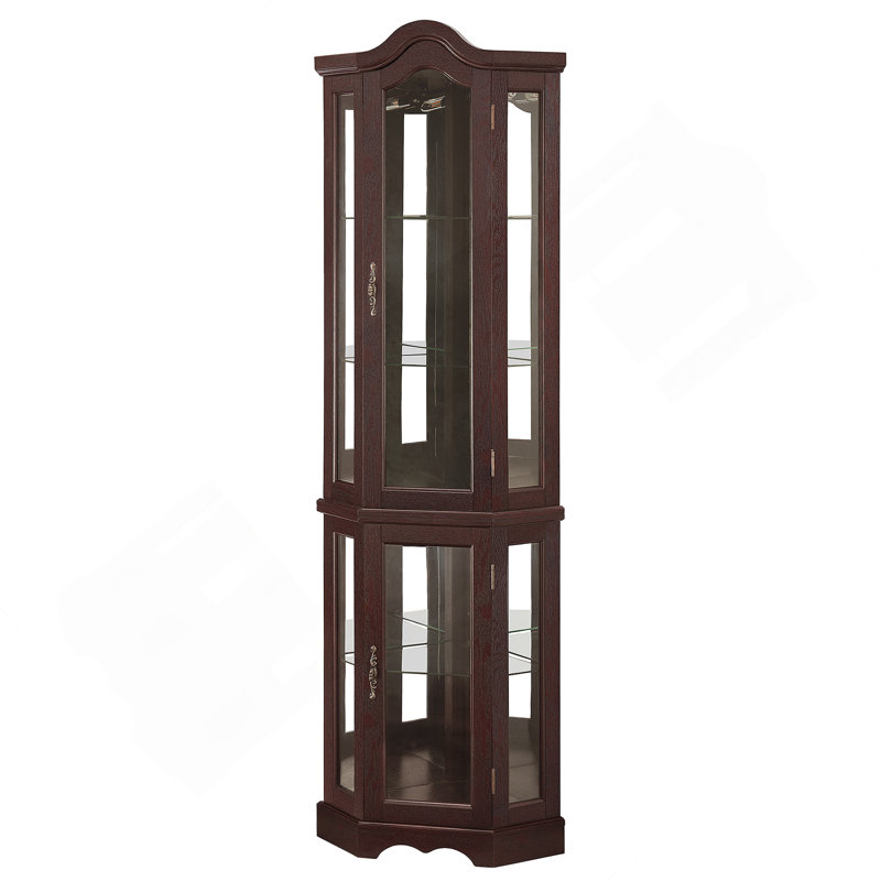 Lighted Corner Curio Cabinet With Tempered Glass Doors & Shelves - Elegant Oak Display Storage For Living Room & Bedroom Decor-Dark Cherry