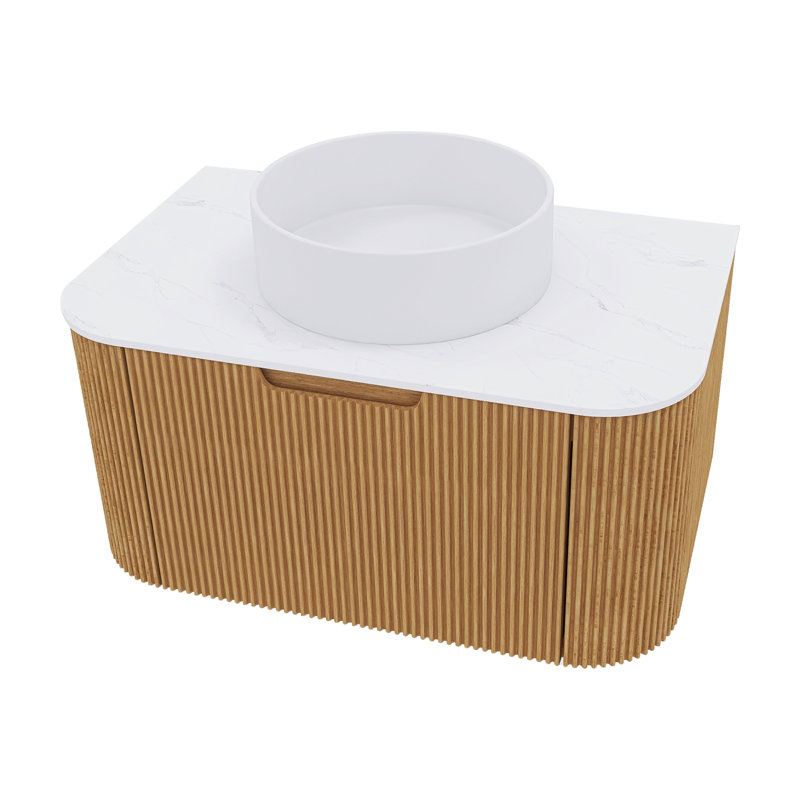 Ensemble de meuble-lavabo mural flottant rayé avec plateau en marbre artificiel et vasque en céramique, Bois naturel, 30"