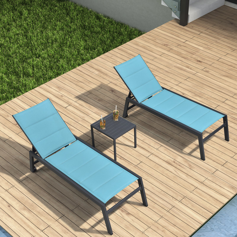 Outdoor Powder Coated Aluminum Chaise Lounge Set, Black Frame/Turquoise Blue Cushion