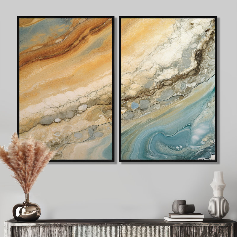 «Beige Blue Aqua Symphony», art mural abstrait grand, 36" H x 48" W, Floater Framed Print without Mat, Black