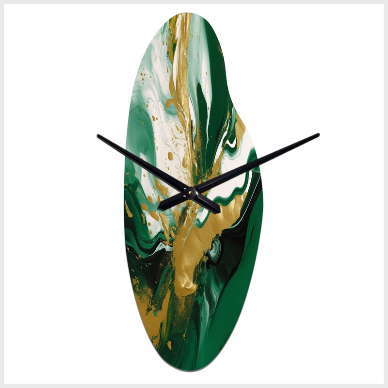 Vert et or liquide Magic II - horloge murale incurvée abstraite en métal, impression d'horloge murale asymétrique moderne