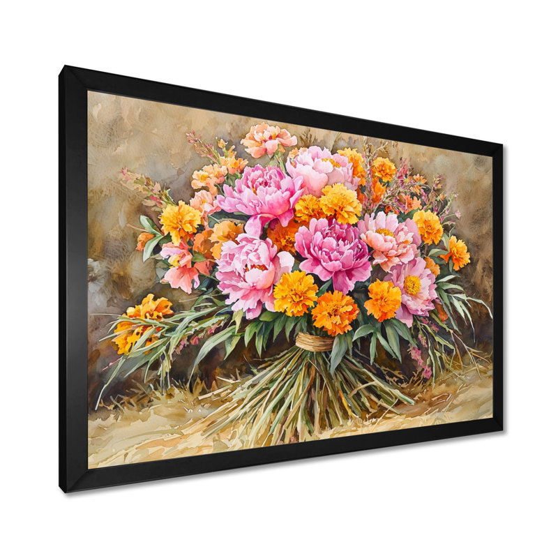 Été, bouquet de pivoines II - impressions de toiles de pivoines, H 12 po x l 20 po, Cadre simple noir