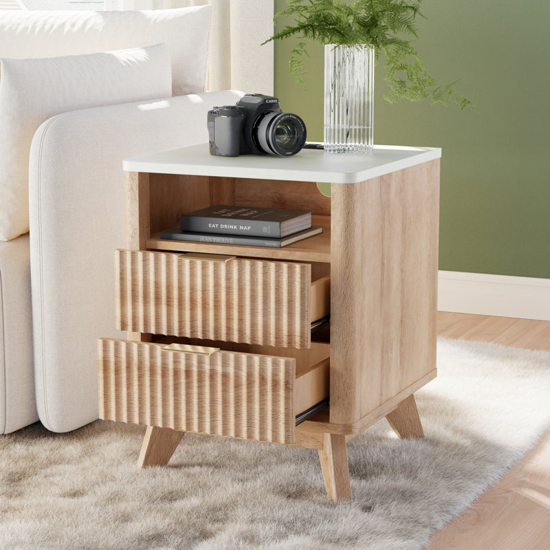18" Nightstand With Charging Station & Faux Marble Top, Natural Oak/White
