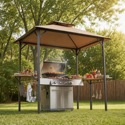 Sunjoy 8 ft. x 5 ft. Extra‑Tall Soft Top Grill Gazebo with Wood‑Look Heat‑Transfer Finish & Wider Bar Shelves