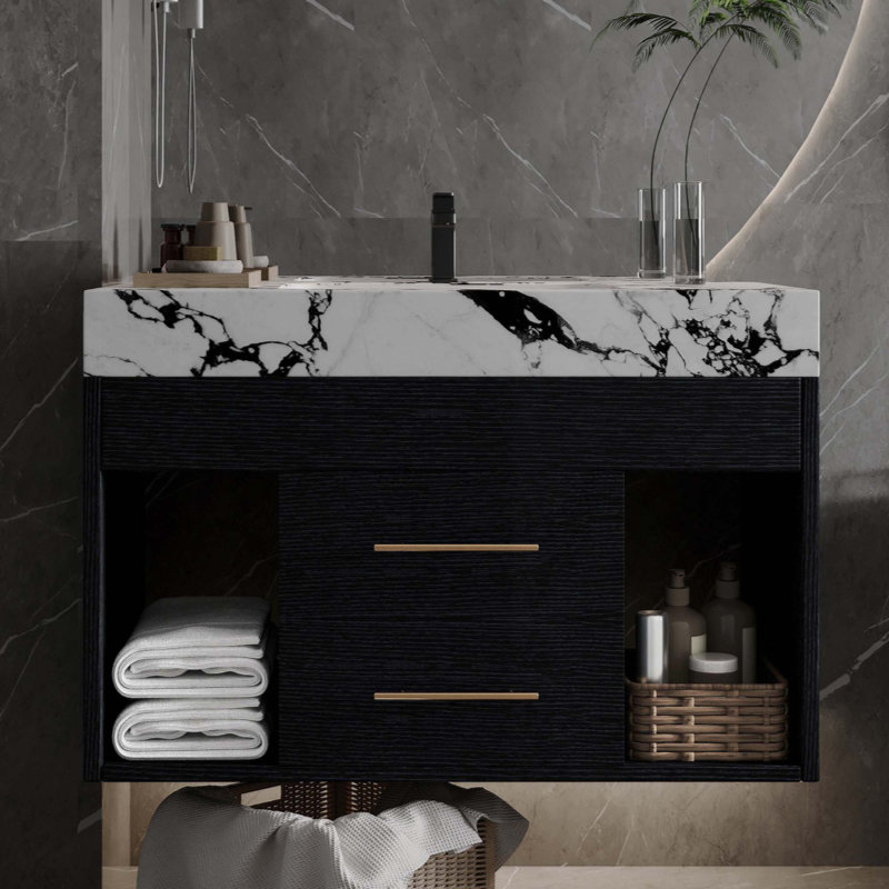 Meuble-lavabo moderne flottant avec lavabo sous-comptoir en céramique fritté à fixation murale pour petites salles de bain, appartement