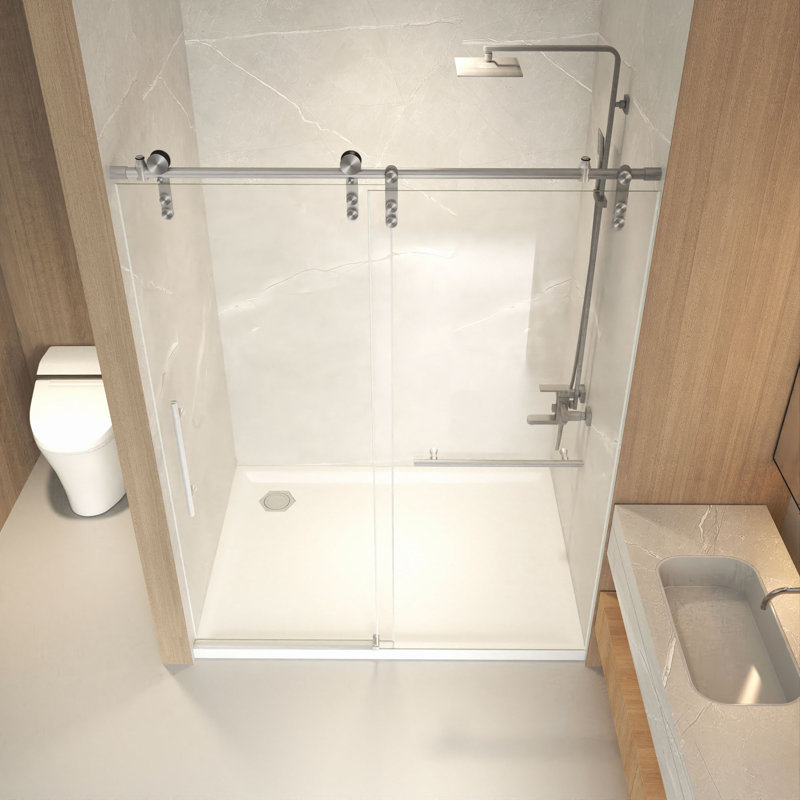 Porte de douche coulissante sans cadre H 56 à 60 po x 76 po, verre trempé transparent de 5/16 po (8 mm), structure en acier inoxydable