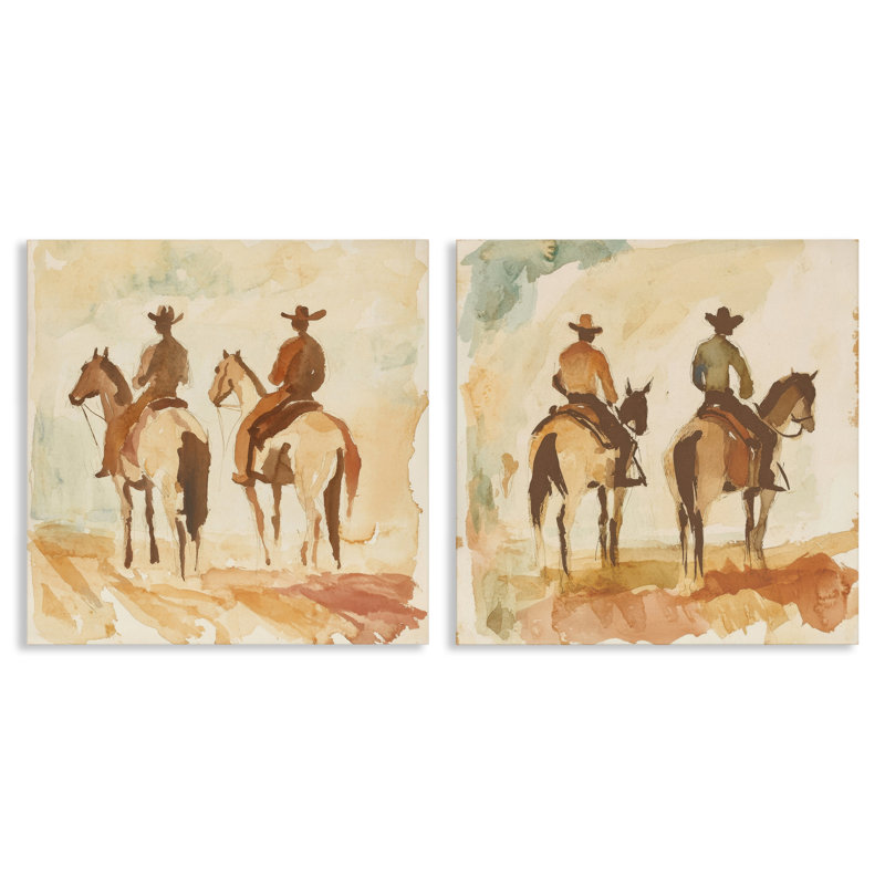 «Western Watercolor Cowboy Pairs», ensemble de 2 pièces sur toile, par Petal Prints Design, H 24 po x l 48 po
