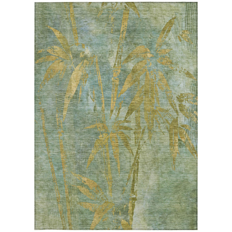 Tapis lavable d'intérieur/extérieur à motif de feuilles botaniques vert artichaut et or (90 x 150 cm).