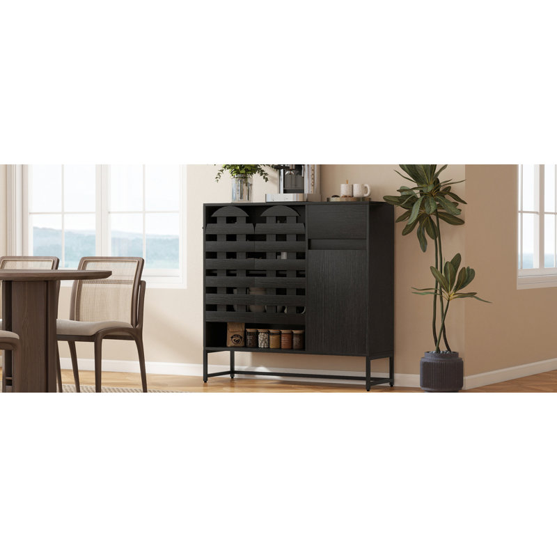 Tissé noir, armoire d'appoint, portes arquées, pieds en métal rouillé, tablettes réglables, salon, cuisine de salle à manger