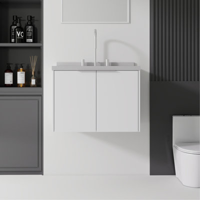 24 Inch Floating Bathroom Vanity with Sink, Soft-Close Door, 2-IN Granite White Cultured Marble Countertop Top & Backsplash,Plywood, White