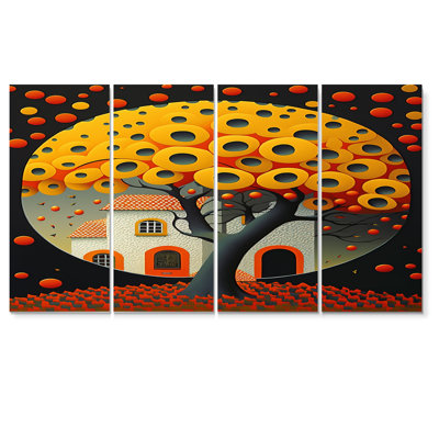 Arbre jaune en fleurs dans une ville pittoresque - paysage abstrait, art mural 4 pièces