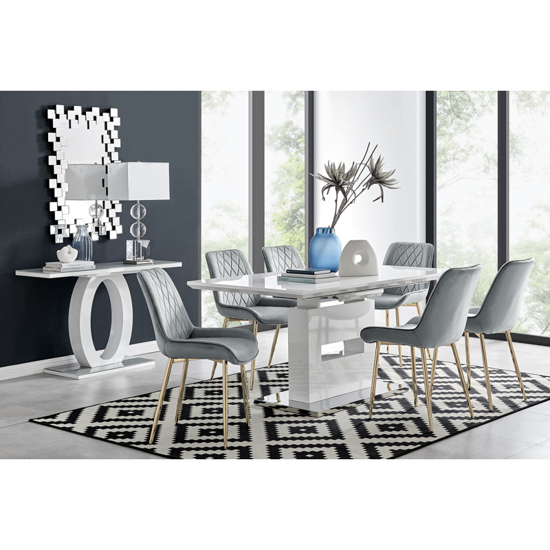 Areza High Gloss Extendable Dining Table Set with Luxury Velvet Dining Chairs, Blue/Silver, 7 Pieces: Table, 6 Chairs