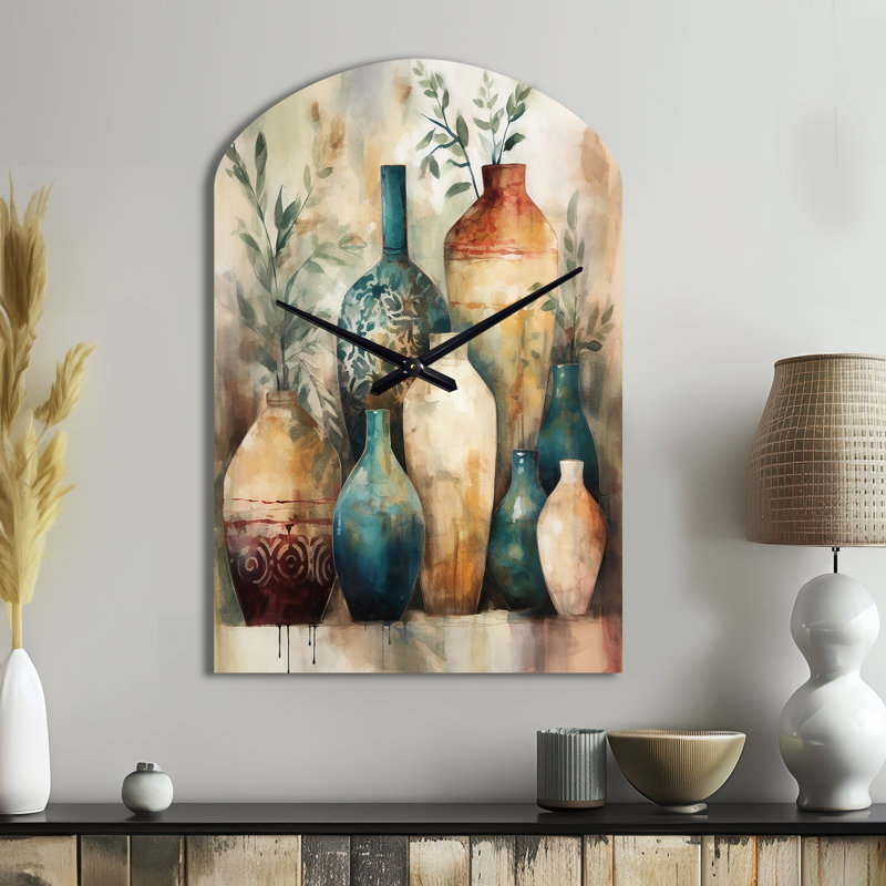 Artisanal vert et orange Artiana Boho Pottery I - Boho Pottery Arch, horloge murale, Grand