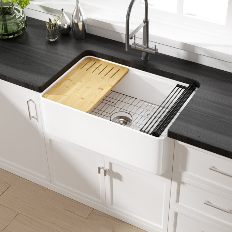 Eridanus Yorkshire Crisp White Fireclay 30 in. Single Bowl Farmhouse Apron Workstation Kitchen Sink with Accessories