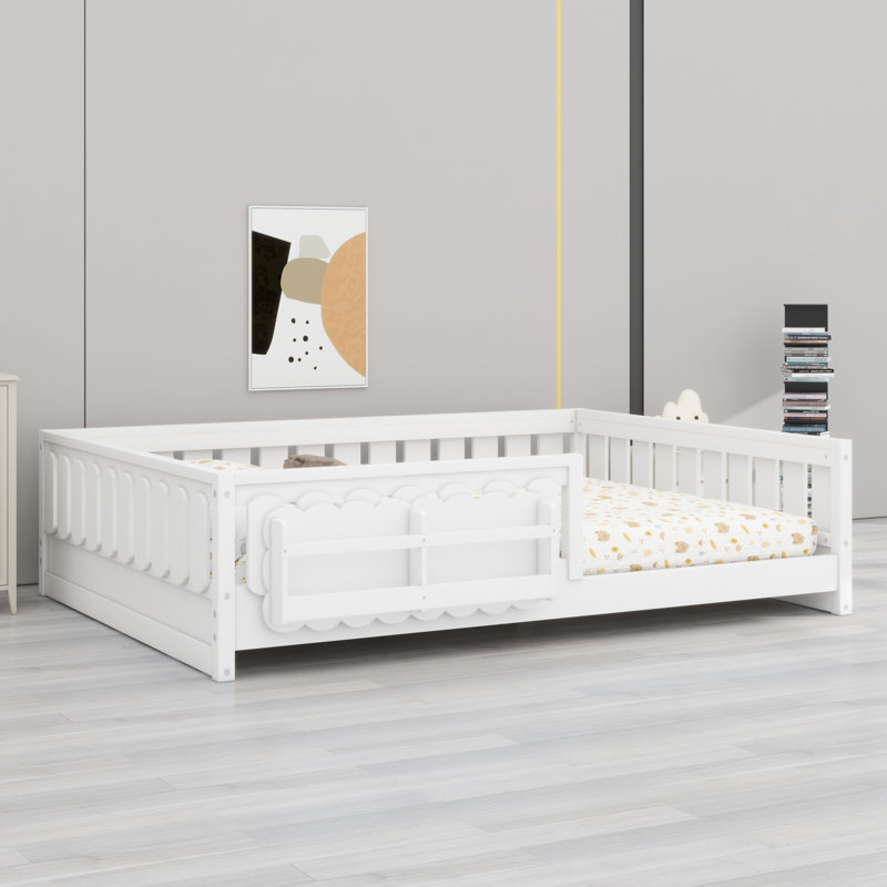 Space-Saving Wood Platform Bed With Guardrail And Storage Shelves, White, Full