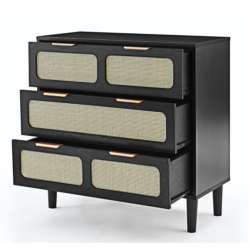 Commode moderne en rotin à 3 tiroirs, Noir, noir, noir, noir